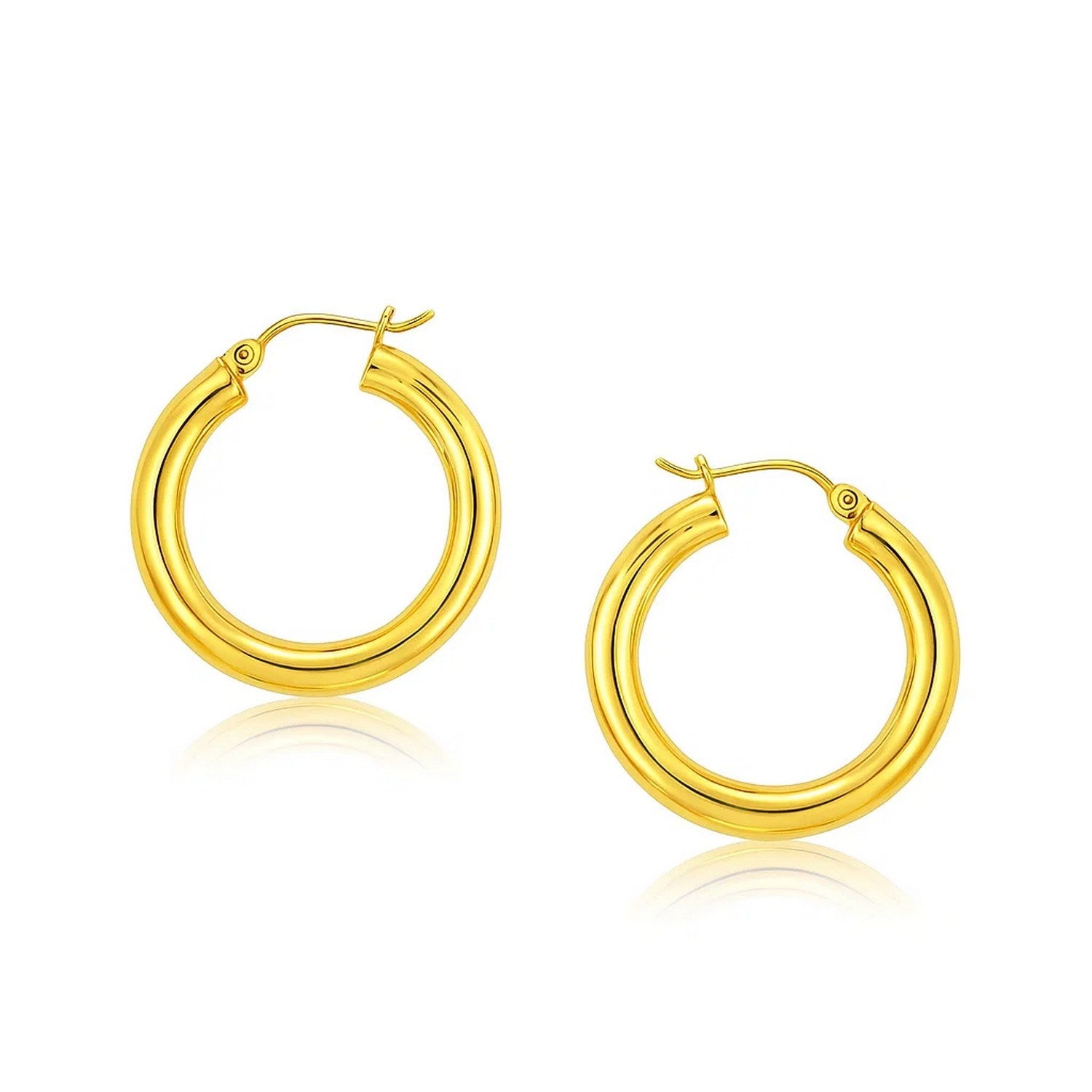 14k Yellow Gold Polished Hoop Earrings (5x30 mm) in a sleek high-contrast midnight luxury editorial style